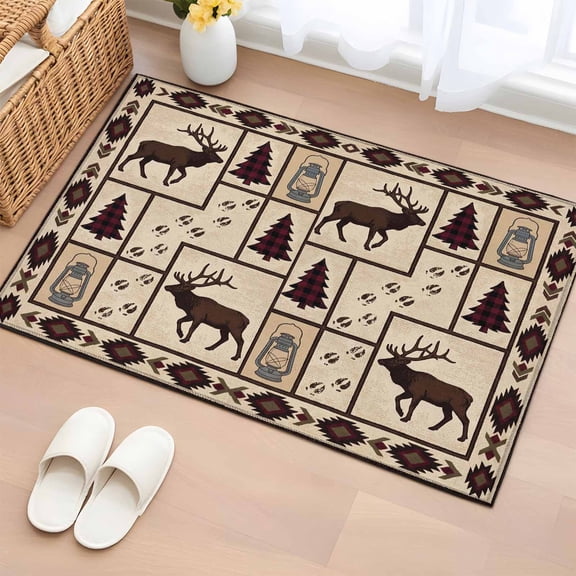 Rectangle Area Rug 2x3ft, Retro Southwest Geometric Non-Shedding Washable Area Rug, Reindeer Pine Tree Non Slip Low-Profile Rugs for Living Room, Bedroom Dining Room