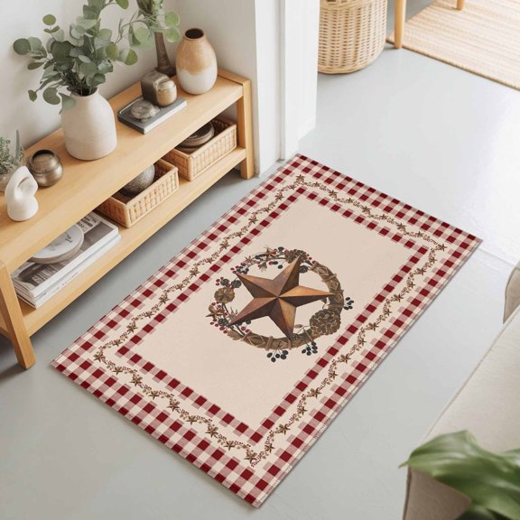 Rectangle Area Rug 2x3ft,Retro Star Berry Ring Living Room Rug Non-Slip Washable Circle Rugs Pad,Vintage Rustic Lattice Edge Soft Floor Carpet for Bedroom Dining Room