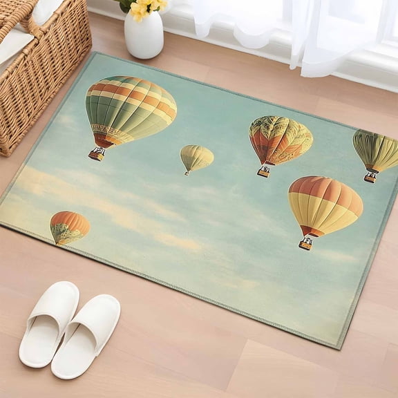 Rectangle Area Rug 2x3ft, Retro Style Hot Air Balloon Non-Shedding Washable Area Rug, Blue Sky Cloud Scene Non Slip Low-Profile Rugs for Living Room, Bedroom Dining Room