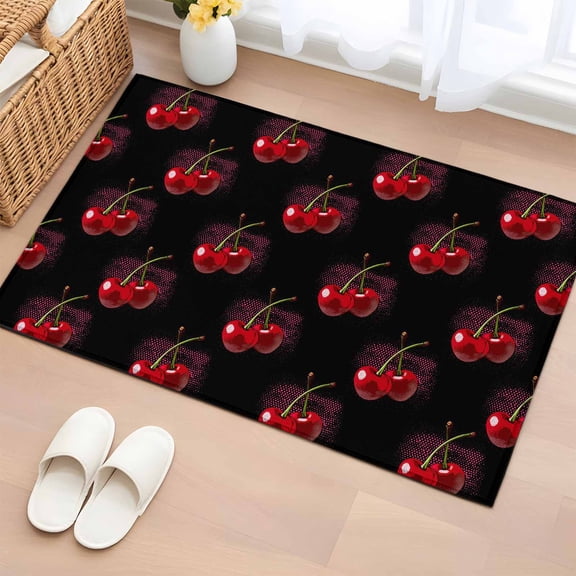 Rectangle Area Rug 2x3ft, Retro Watercolor Cherry on Black Non-Slip Non-Shedding Floor Mat, Farm Seamless Red Fruit Washable Sturdy Carpet for Living Room Bedroom Home Decor
