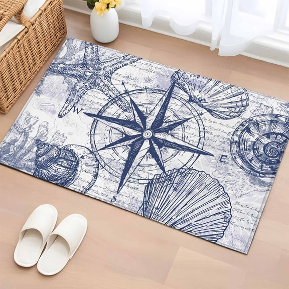 Rectangle Area Rug 2x3ft, Retro Watercolor Starfish Compass Non-Slip Non-Shedding Floor Mat, Nautical Theme Letter Back Washable Sturdy Carpet for Living Room Bedroom Home Decor