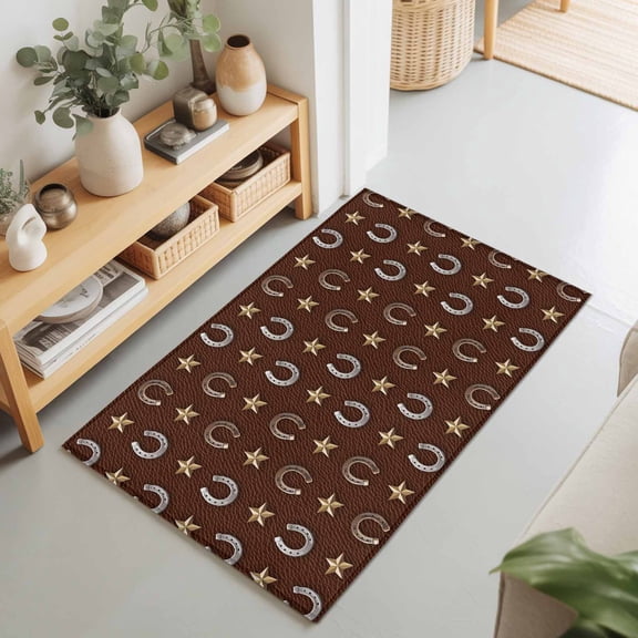 Rectangle Area Rug 2x3ft,Retro Western Horse-footed Iron on Brown Living Room Rug Non-Slip Washable Circle Rugs Pad,Yellow Star Soft Floor Carpet for Bedroom Dining Room