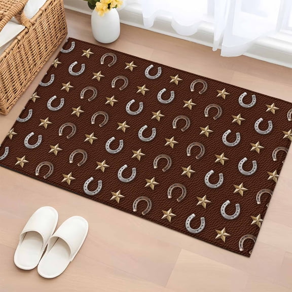 Rectangle Area Rug 2x3ft, Retro Western Horse-footed Iron on Brown Non-Shedding Washable Area Rug, Yellow Star Non Slip Low-Profile Rugs for Living Room, Bedroom Dining Room