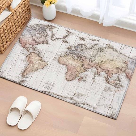 Rectangle Area Rug 2x3ft, Retro World Map Pattern Non-Slip Non-Shedding Floor Mat, Retro Map on White Wood Washable Sturdy Carpet for Living Room Bedroom Home Decor