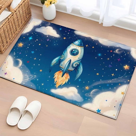Rectangle Area Rug 2x3ft, Rocket Galaxy Dream Sky Non-Slip Non-Shedding Floor Mat, Stars Moon Planet Washable Sturdy Carpet for Living Room Bedroom Home Decor