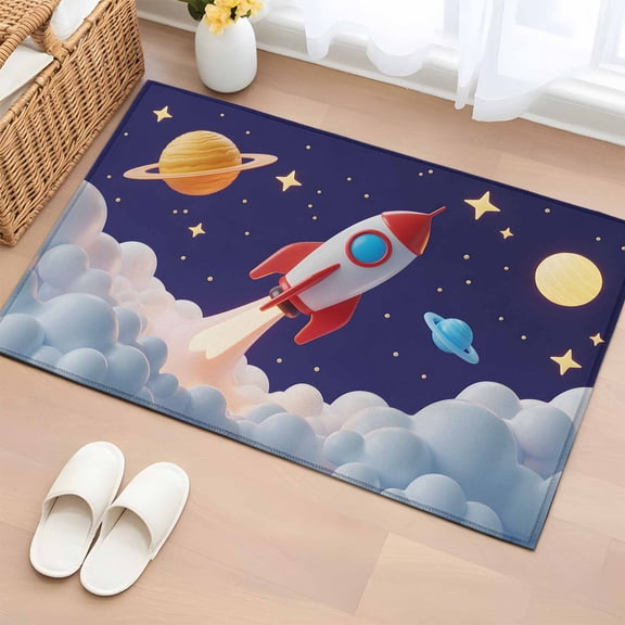 Rectangle Area Rug 2x3ft,Rocket Space Universe Planet Washable Carpet Non-Slip Runner Accent Rugs Indoor Floor Mat for Bedroom Living Room Decor,Night Star Cartoon Style