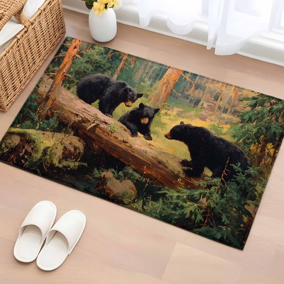 Rectangle Area Rug 2x3ft, Rustic Black Black Bears Family Forest Non-Slip Non-Shedding Floor Mat, Woodland Animals Washable Sturdy Carpet for Living Room Bedroom Home Decor