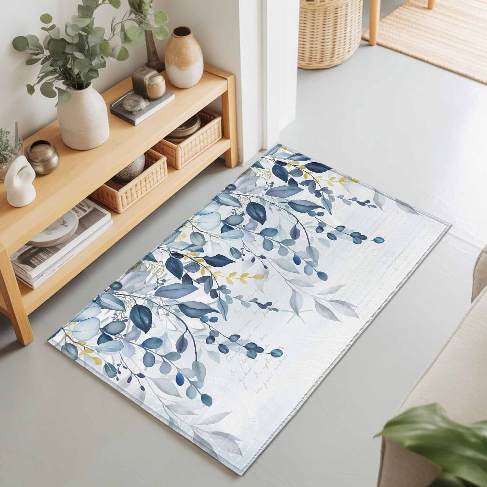 Rectangle Area Rug 2x3ft,Rustic Blue Botanical Leaves Living Room Rug ...