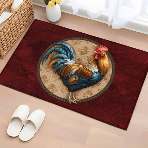 Rectangle Area Rug 2x3ft, Rustic Farm Rooster on Retro Texture Non-Shedding Washable Area Rug, Red Marble Agate Non Slip Low-Profile Rugs for Living Room, Bedroom Dining Room