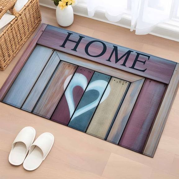 Rectangle Area Rug 2x3ft, Rustic Home Text Wooden Plank Non-Slip Non-Shedding Floor Mat, Heart Farmhouse Wood Grain Washable Sturdy Carpet for Living Room Bedroom Home Decor