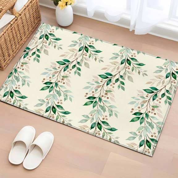 Rectangle Area Rug 2x3ft, Rustic Leaves Berry on Beige Non-Slip Non-Shedding Floor Mat, Watercolor Botanical Plant Leaf Washable Sturdy Carpet for Living Room Bedroom Home Decor