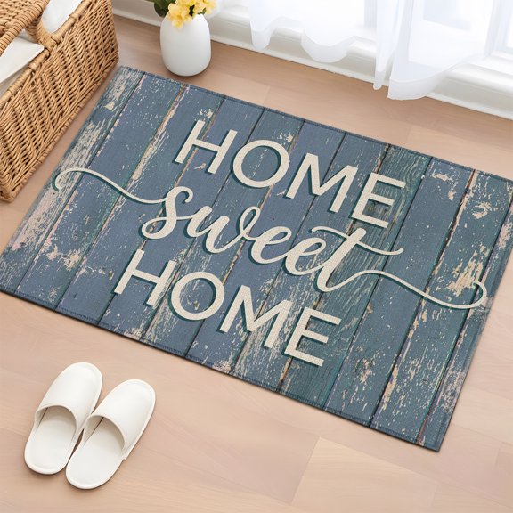 Rectangle Area Rug 2x3ft, Rustic Wood Grain Sweet Home Text Non-Slip Non-Shedding Floor Mat, Coastal Blue Wooden Plank Washable Sturdy Carpet for Living Room Bedroom Home Decor