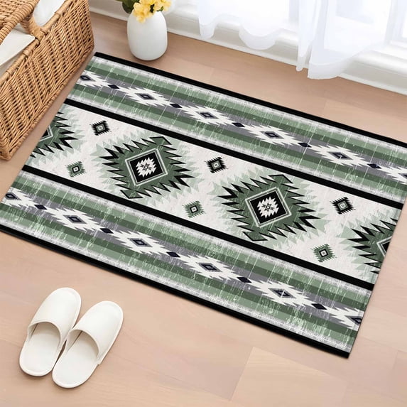 Rectangle Area Rug 2x3ft,Sage Green Farm Aztec Geometric Washable Carpet Non-Slip Runner Accent Rugs Indoor Floor Mat for Bedroom Living Room Decor,Boho Country Farmhouse