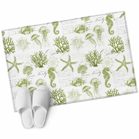 Rectangle Area Rug 2x3ft, Sage Green Seahorse Coral Starfish on Vintage Non-Slip Non-Shedding Floor Mat, Marine Life Washable Sturdy Carpet for Living Room Bedroom Home Decor