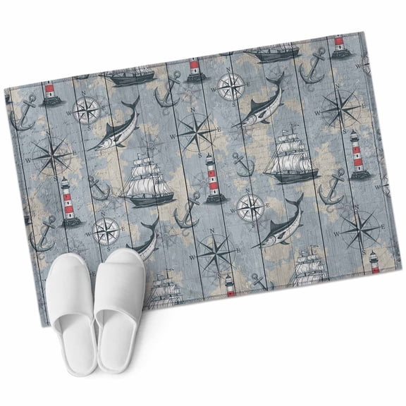 Rectangle Area Rug 2x3ft, Sailing Anchor Compass Fish Non-Slip Non-Shedding Floor Mat, Retro Wood Plank Nautical Theme Washable Sturdy Carpet for Living Room Bedroom Home Decor