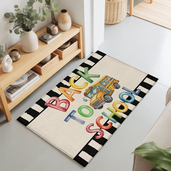 Rectangle Area Rug 2x3ft,School Bus Black Stripe Burlap Washable Carpet Non-Slip Runner Accent Rugs Indoor Floor Mat for Bedroom Living Room Decor,Back to School Colorful Word