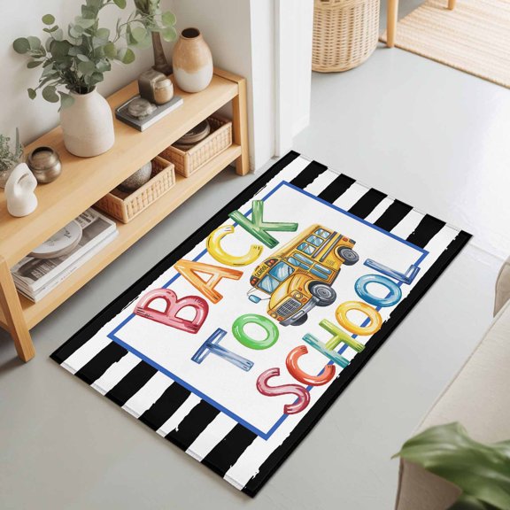 Rectangle Area Rug 2x3ft,School Season Yellow Bus Washable Carpet Non-Slip Runner Accent Rugs Indoor Floor Mat for Bedroom Living Room Decor,Black White Stripes