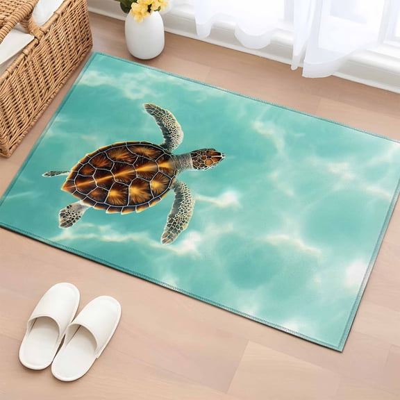 Rectangle Area Rug 2x3ft, Sea Turtle Baby Swimming In Water Non-Slip Non-Shedding Floor Mat, Blue Green Ocean Washable Sturdy Carpet for Living Room Bedroom Home Decor