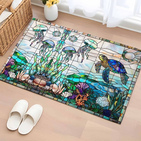 Rectangle Area Rug 2x3ft,Sea Turtle Jellyfish Summer Ocean Coral Washable Carpet Non-Slip Runner Accent Rugs Indoor Floor Mat for Bedroom Living Room Decor,Vintage Window Grilles Art
