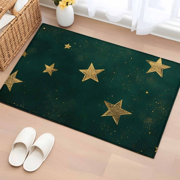Rectangle Area Rug 2x3ft, Seamless Gold Star on Hunter Green Non-Slip Non-Shedding Floor Mat, Dream Starry Sky Washable Sturdy Carpet for Living Room Bedroom Home Decor