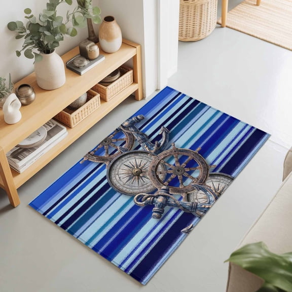 Rectangle Area Rug 2x3ft,Ship Anchor Compass Rudder Living Room Rug Non-Slip Washable Circle Rugs Pad,Blue Stripes Soft Floor Carpet for Bedroom Dining Room