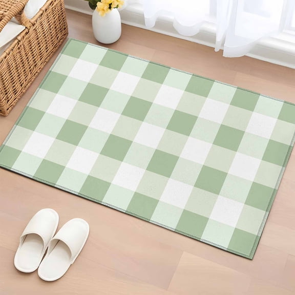 Rectangle Area Rug 2x3ft, Simple White Green Buffalo Plaid Non-Slip Non-Shedding Floor Mat, Spring Checker Gingham Washable Sturdy Carpet for Living Room Bedroom Home Decor