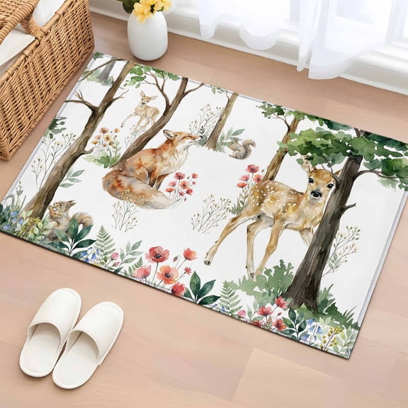 Rectangle Area Rug 2x3ft, Small Deer Fox Squirrels Flowers Non-Slip Non-Shedding Floor Mat, Green Leaves Forest Washable Sturdy Carpet for Living Room Bedroom Home Decor