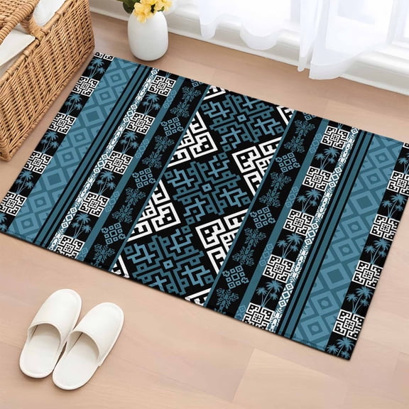 Rectangle Area Rug 2x3ft, Southwestern Aztec Blue Geometric Non-Slip Non-Shedding Floor Mat, Vintage Tribal Pattern Washable Sturdy Carpet for Living Room Bedroom Home Decor