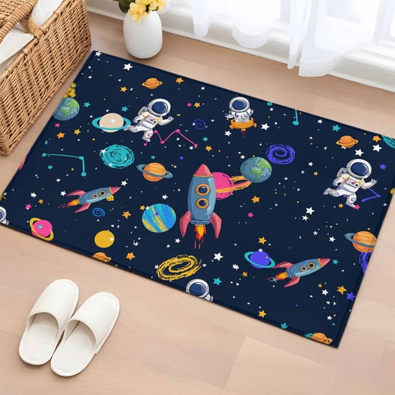 Rectangle Area Rug 2x3ft,Space Planet Cartoon Rocket Washable Carpet Non-Slip Runner Accent Rugs Indoor Floor Mat for Bedroom Living Room Decor,Stars and Moon on Black