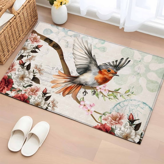 Rectangle Area Rug 2x3ft, Spring Bird Vintage Postcard Non-Shedding Washable Area Rug, Country Flower Tree Branch Non Slip Low-Profile Rugs for Living Room, Bedroom Dining Room
