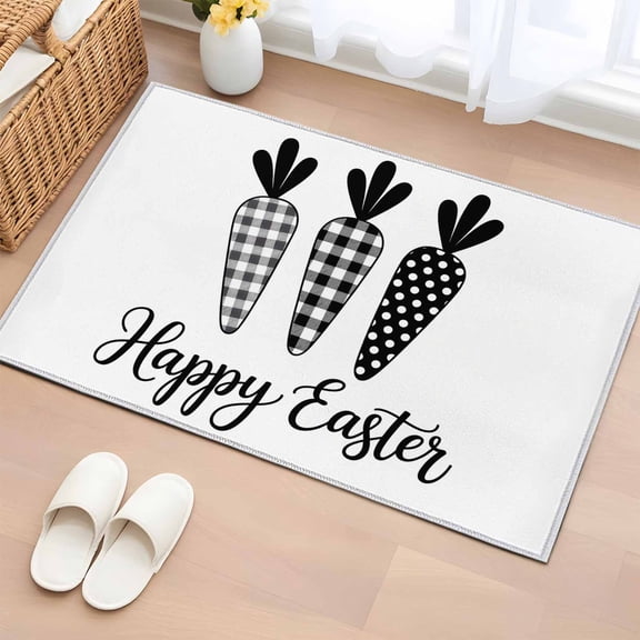 Rectangle Area Rug 2x3ft, Spring Black White Buffalo Checkered Carrot Non-Shedding Washable Area Rug, Happ Easter Non Slip Low-Profile Rugs for Living Room, Bedroom Dining Room