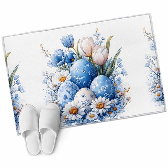 Rectangle Area Rug 2x3ft, Spring Blue Easter Egg on White Non-Slip Non-Shedding Floor Mat, Colorful Flower Leaves Washable Sturdy Carpet for Living Room Bedroom Home Decor