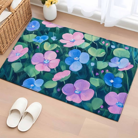 Rectangle Area Rug 2x3ft,Spring Blue Pink Small Floral Washable Carpet Non-Slip Runner Accent Rugs Indoor Floor Mat for Bedroom Living Room Decor,Farmhouse Wildflower Leaf