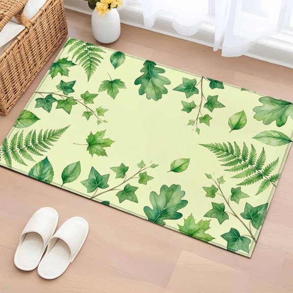 Rectangle Area Rug 2x3ft,Spring Botanical Plants on Yellow Washable Carpet Non-Slip Runner Accent Rugs Indoor Floor Mat for Bedroom Living Room Decor,Watercolor Green Leaves