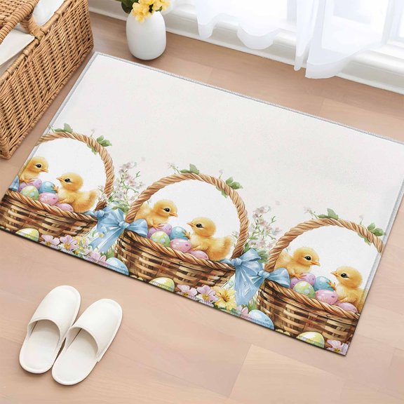 Rectangle Area Rug 2x3ft,Spring Cartoon Chicken Easter Egg Washable Carpet Non-Slip Runner Accent Rugs Indoor Floor Mat for Bedroom Living Room Decor,Watercolor Flower Bow
