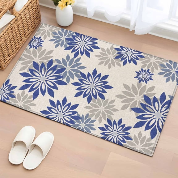 Rectangle Area Rug 2x3ft, Spring Country Daisy Retro Linen Non-Shedding Washable Area Rug, Navy Blue Grey Wildflower Non Slip Low-Profile Rugs for Living Room, Bedroom Dining Room