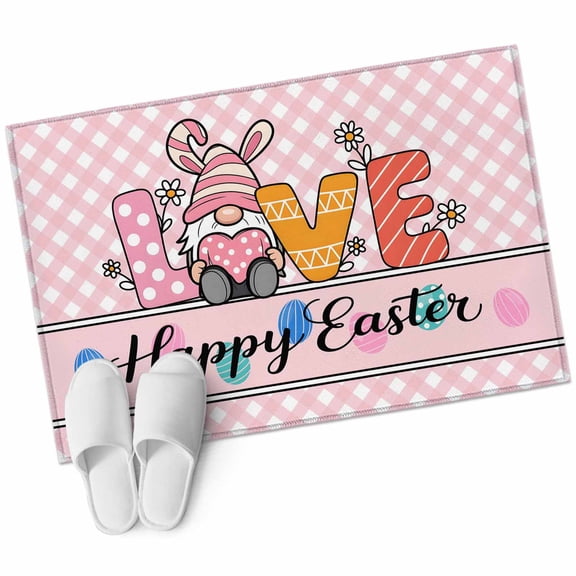 Rectangle Area Rug 2x3ft, Spring Dwarf Easter Colorful Egg Non-Slip Non-Shedding Floor Mat, Abstract Love Pink Check Washable Sturdy Carpet for Living Room Bedroom Home Decor