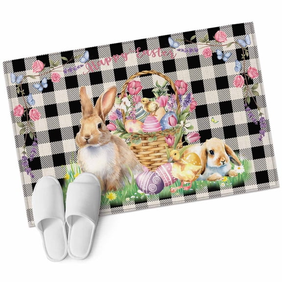 Rectangle Area Rug 2x3ft, Spring Easter Bunny Eggs Flowers Non-Slip Non-Shedding Floor Mat, Black and White Linen Lattice Washable Sturdy Carpet for Living Room Bedroom Home Decor