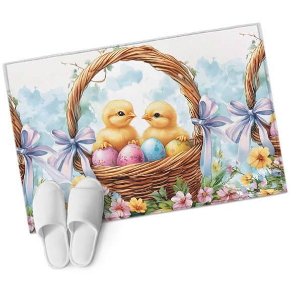 Rectangle Area Rug 2x3ft, Spring Easter Farm Chick Colorful Egg Non-Slip Non-Shedding Floor Mat, Watercolor Flower Basket Washable Sturdy Carpet for Living Room Bedroom Home Decor