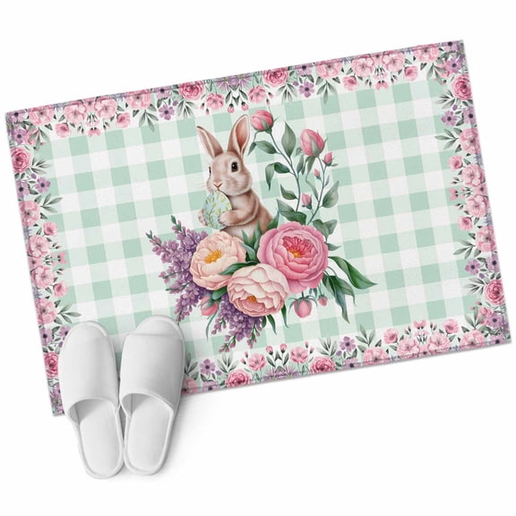Rectangle Area Rug 2x3ft, Spring Easter Rabbits Egg Non-Slip Non-Shedding Floor Mat, Country Floral Green Plaid Washable Sturdy Carpet for Living Room Bedroom Home Decor