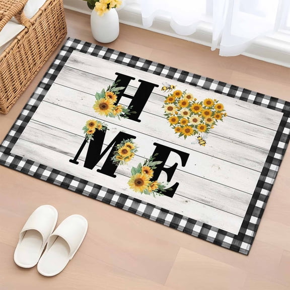 Rectangle Area Rug 2x3ft,Spring Farm Sunflowers Home Quotes Washable Carpet Non-Slip Runner Accent Rugs Indoor Floor Mat for Bedroom Living Room Decor,Black White Plaid