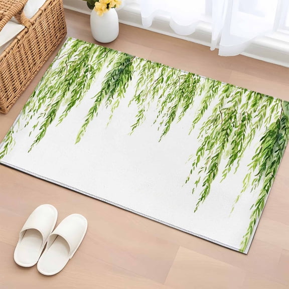 Rectangle Area Rug 2x3ft, Spring Farmhouse Green Leaf Non-Slip Non-Shedding Floor Mat, Watercolor Willow Leaves Washable Sturdy Carpet for Living Room Bedroom Home Decor