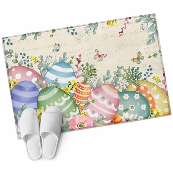 Rectangle Area Rug 2x3ft, Spring Flower Leaf Easter Egg Non-Slip Non-Shedding Floor Mat, Pastoral Plant Retro Letter Back Washable Sturdy Carpet for Living Room Bedroom Home Decor