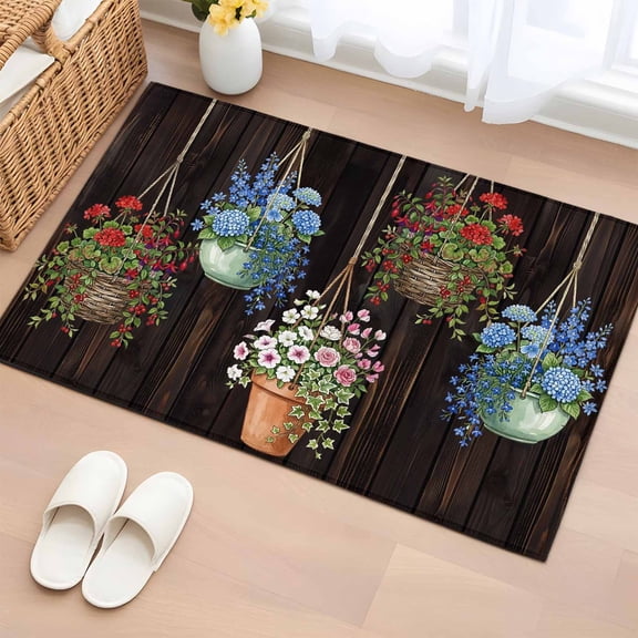 Rectangle Area Rug 2x3ft, Spring Flowers Embroidery Balloons Non-Slip Non-Shedding Floor Mat, Brown Wood Patterns Washable Sturdy Carpet for Living Room Bedroom Home Decor