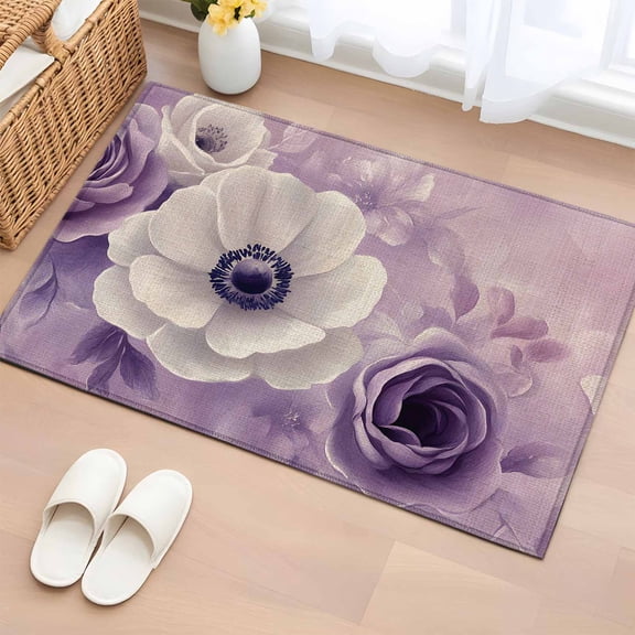 Rectangle Area Rug 2x3ft, Spring Garden Blossom Flower Non-Slip Non-Shedding Floor Mat, Purple White Floral Plant Washable Sturdy Carpet for Living Room Bedroom Home Decor