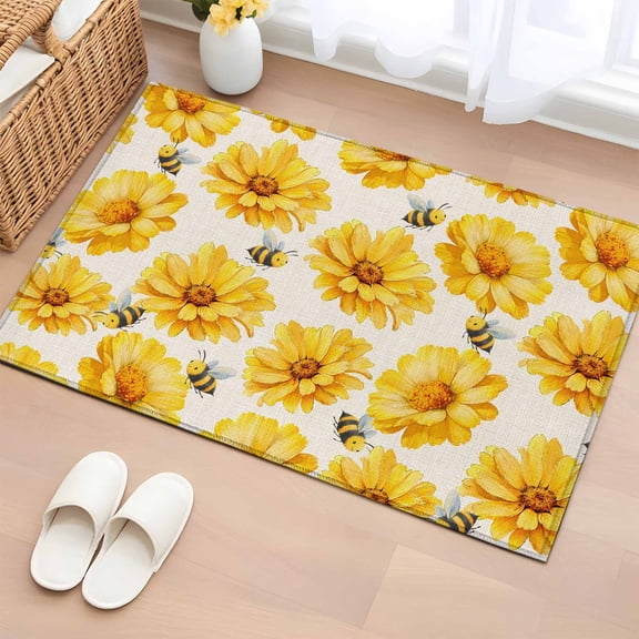 Rectangle Area Rug 2x3ft, Spring Goldwood Flowers Bees on Linen Non-Shedding Washable Area Rug, Watercolor Floral Non Slip Low-Profile Rugs for Living Room, Bedroom Dining Room