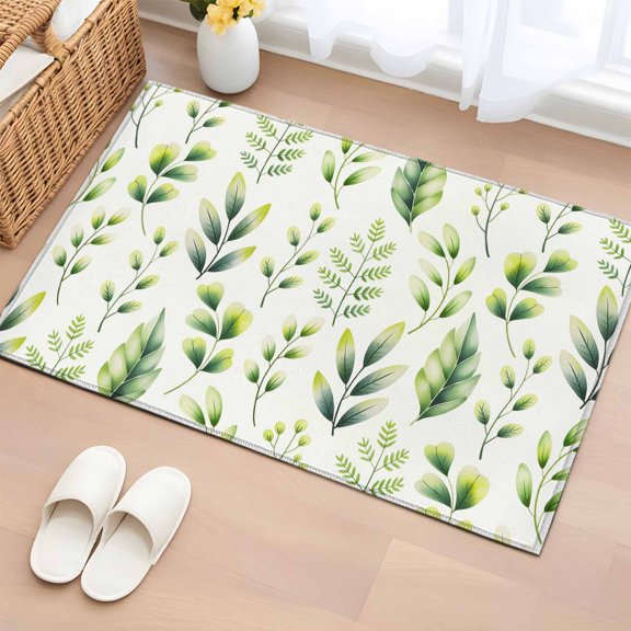 Rectangle Area Rug 2x3ft, Spring Green Leaf Watercolor Non-Slip Non-Shedding Floor Mat, Pastoral Botanical Herb Washable Sturdy Carpet for Living Room Bedroom Home Decor