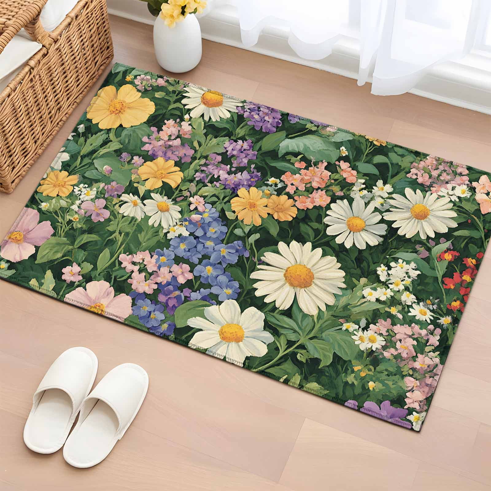 Rectangle Area Rug 2x3ft, Spring Natural Wildflower Daisy Non-Shedding ...