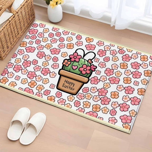 Rectangle Area Rug 2x3ft, Spring Pink Flower Potted Cactus Non-Shedding Washable Area Rug, Seamless Blossom Floral Non Slip Low-Profile Rugs for Living Room, Bedroom Dining Room