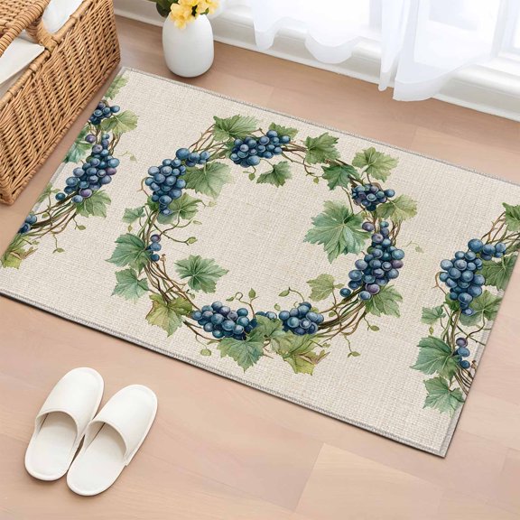 Rectangle Area Rug 2x3ft, Spring Purple Grapes on Beige Linen Non-Slip Non-Shedding Floor Mat, Watercolor Green Leaves Washable Sturdy Carpet for Living Room Bedroom Home Decor